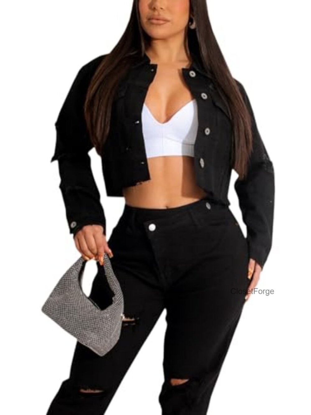 Cropped Denim Jacket Long Sleeve Button Casual Jean Coat